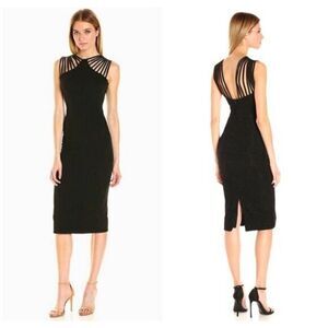 Dress the population Gwen Black stretch strappy cage neck midi shift XL 10/12
